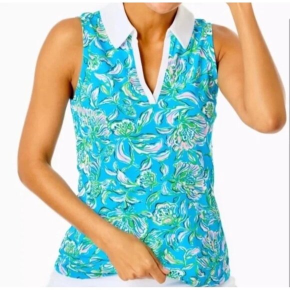 Lilly Pulitzer Womens Small UPF 50+ Luxletic ImaraPolo Top Cumulus Blue Chick Ma - Picture 10 of 10